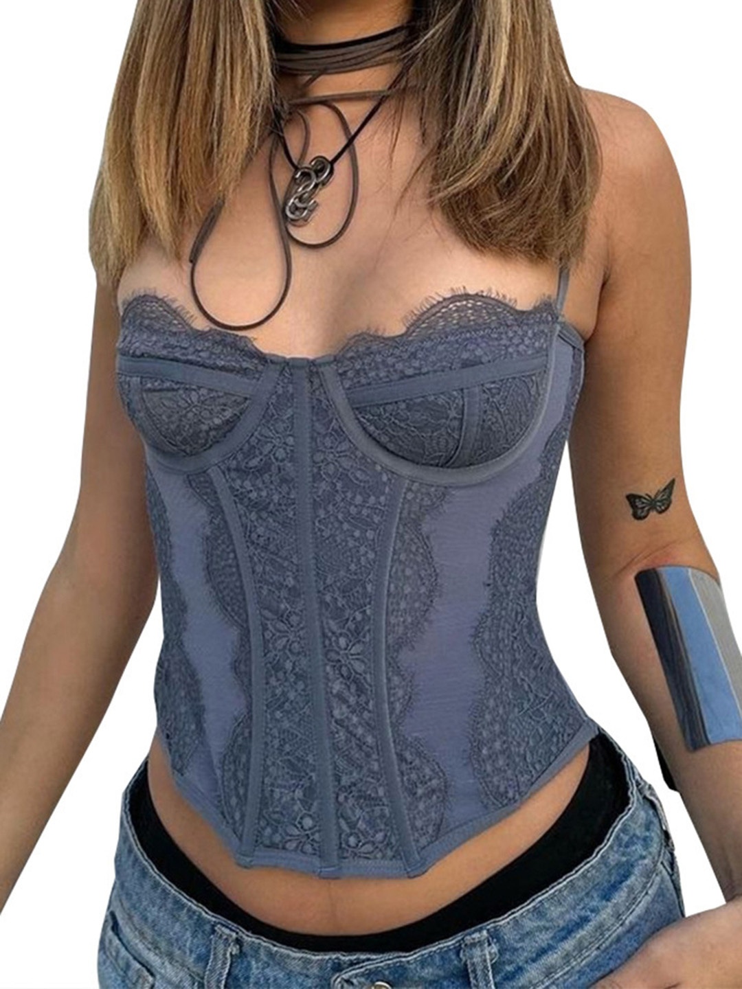 

LULU & SKY Women Self Design Shoulder Straps Top, Blue