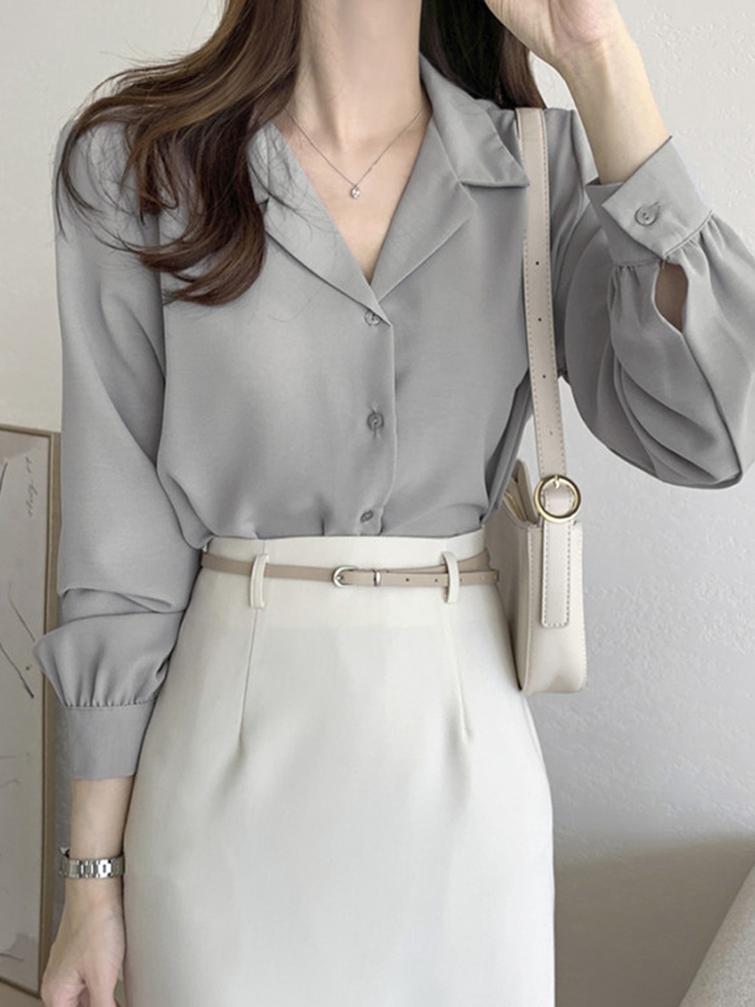 

LULU & SKY Women Solid Cuban Collar Top, Grey