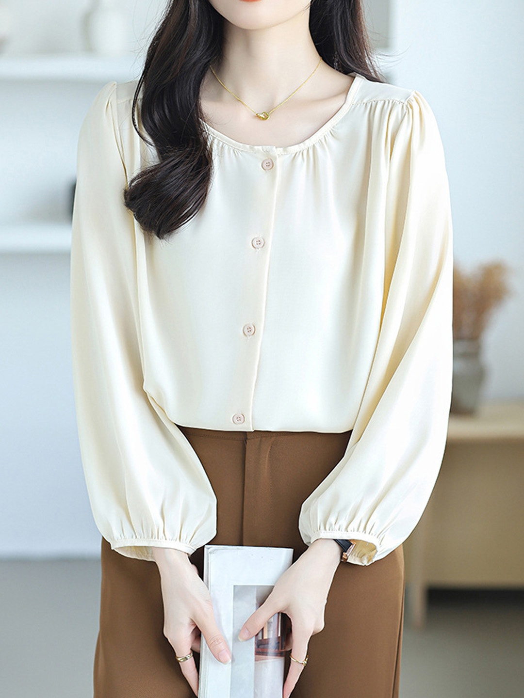 

LULU & SKY Women Solid Round Neck Top, Off white