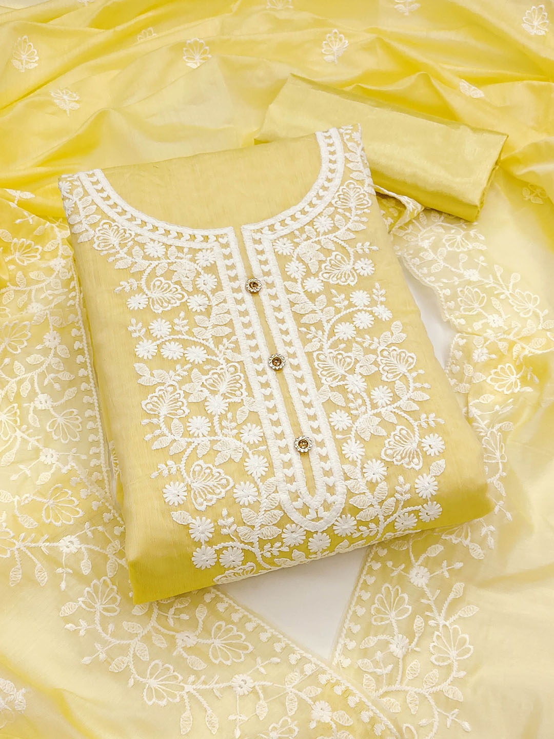 

KALINI Floral Embroidered Thread Work Chanderi Cotton Unstitched Dress Material, Yellow