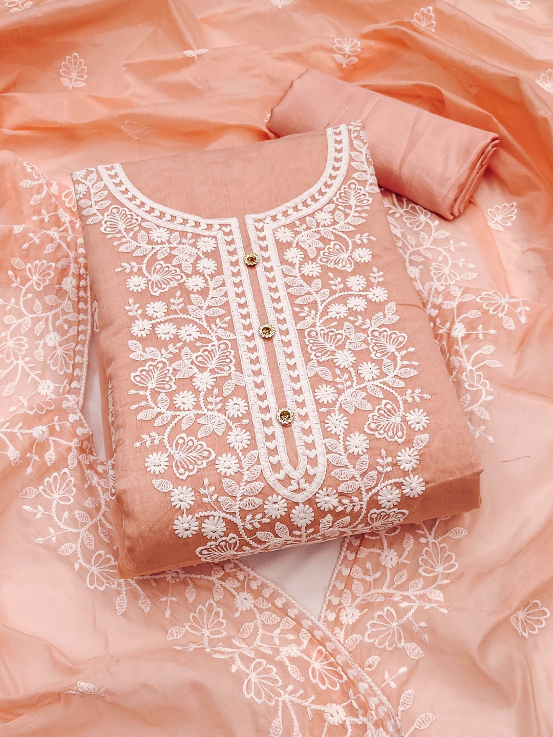 

KALINI Embroidered Unstitched Dress Material, Peach