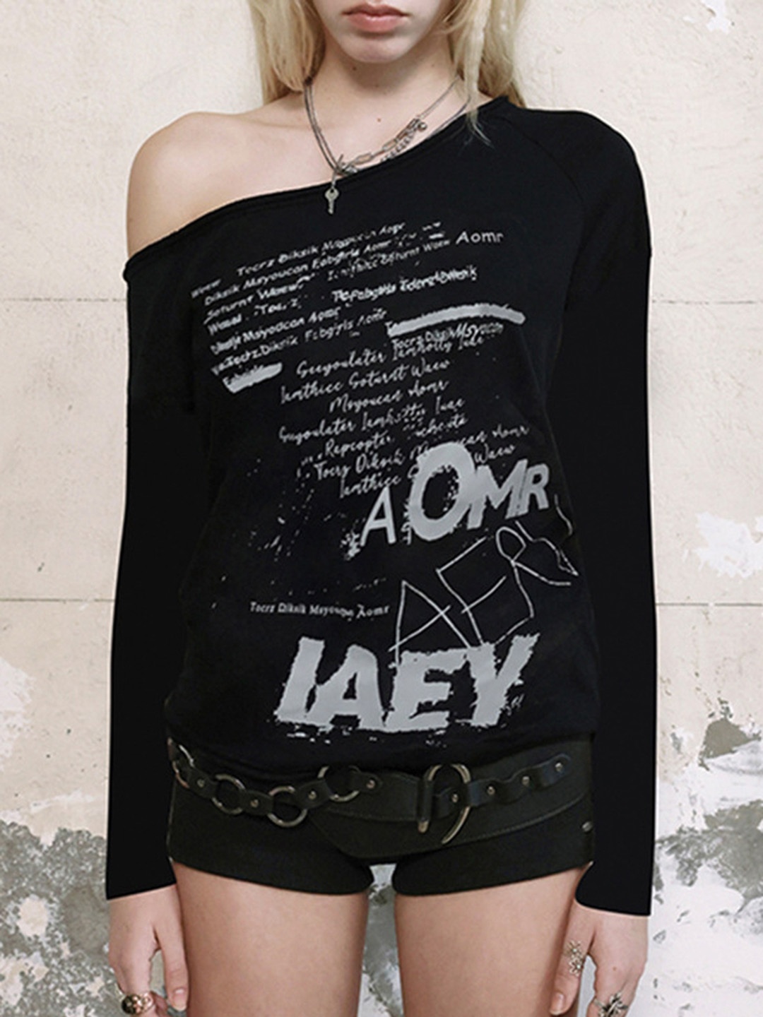 

LULU & SKY Women Typography Printed One Shoulder Cotton Top, Black