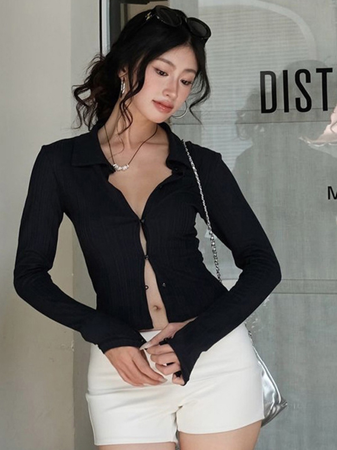

LULU & SKY Women Solid Shirt Collar Top, Black
