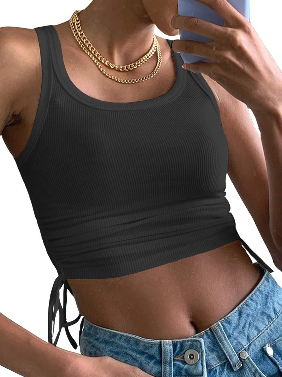 

LULU & SKY Women Solid Square Neck Top, Black