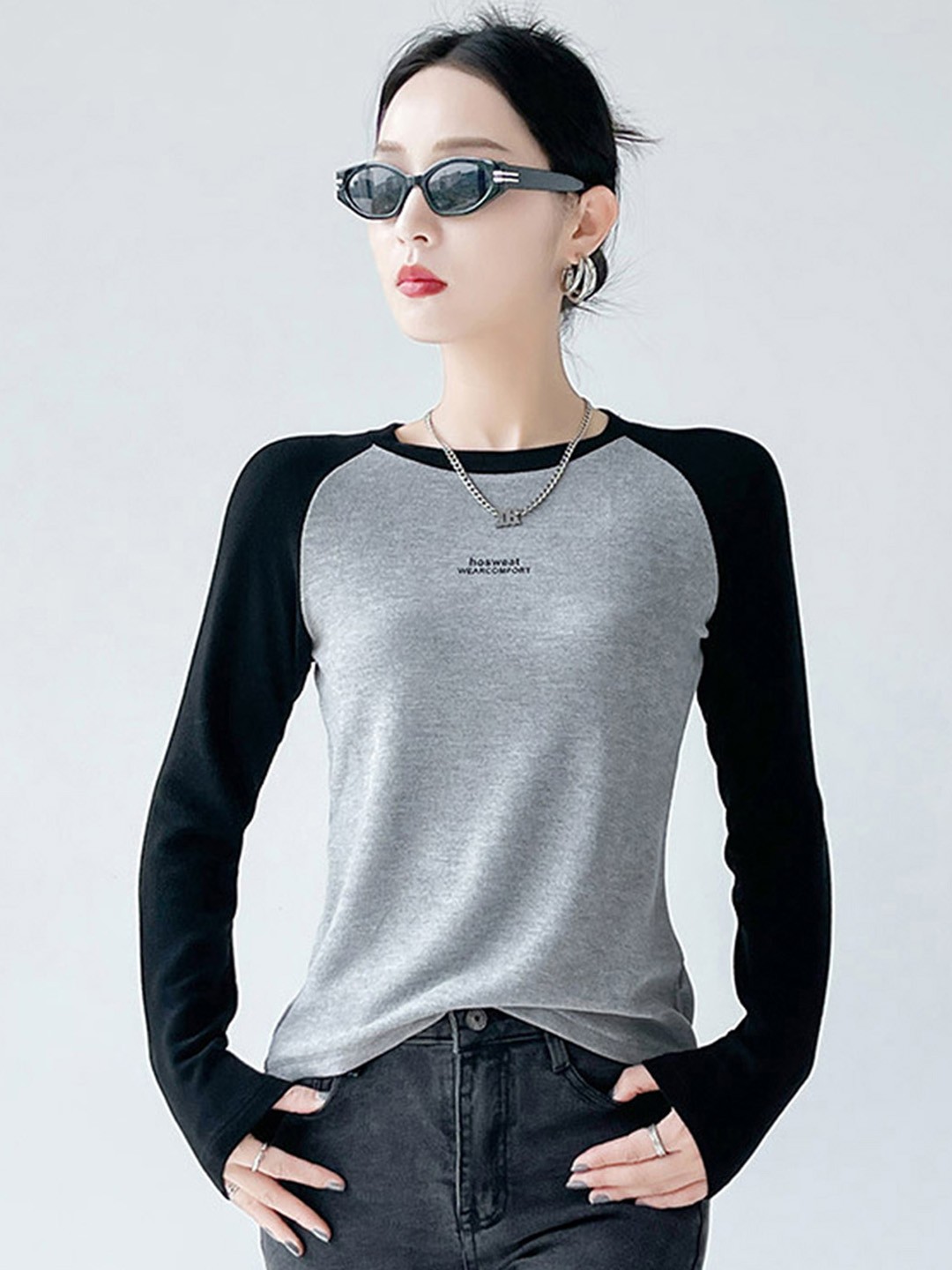 

LULU & SKY Women Solid Round Neck Nylon Top, Grey