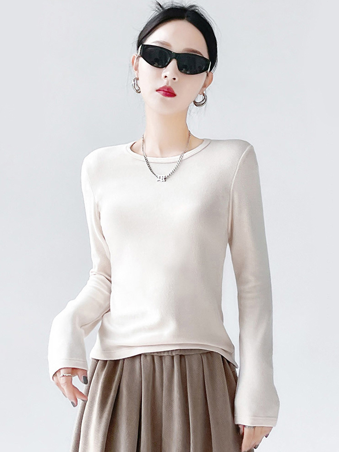 

LULU & SKY Women Solid Round Neck Top, Beige