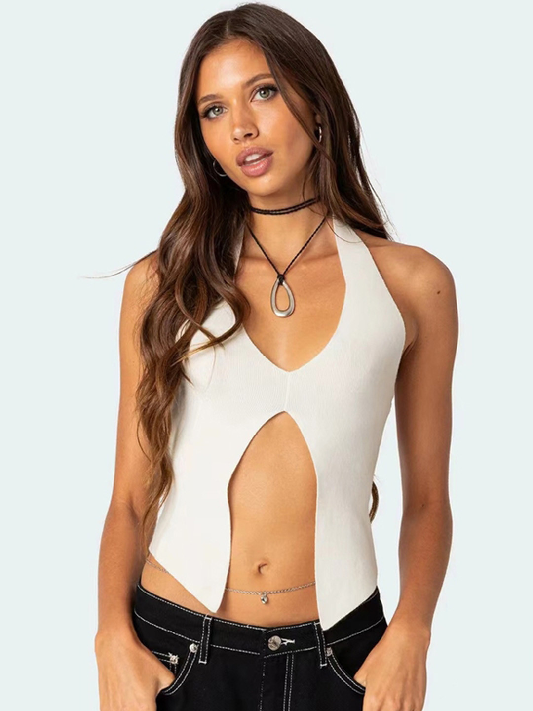 

LULU & SKY Women Solid Halter Neck Top, White