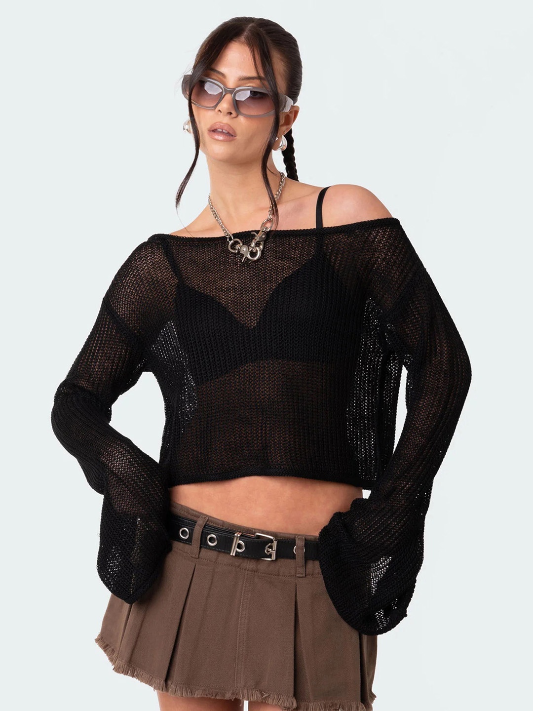 

LULU & SKY Women Self Design Shoulder Straps Top, Black