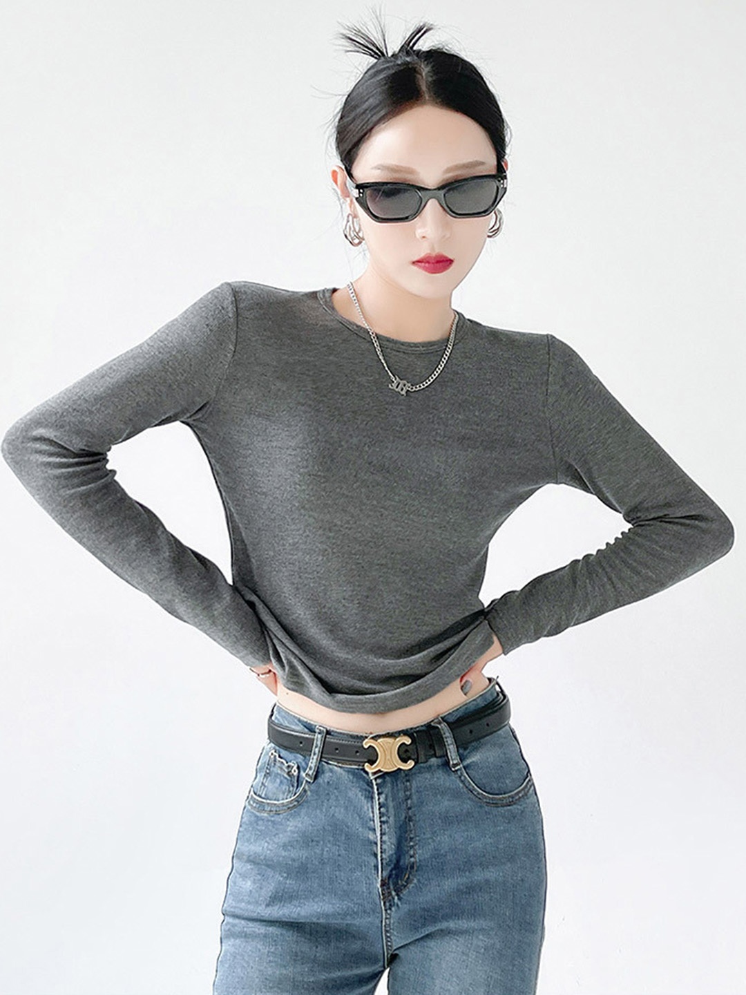 

LULU & SKY Women Solid Round Neck Top, Grey