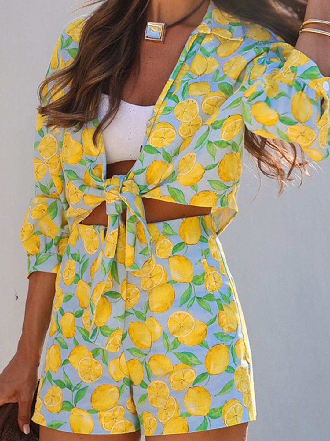 

LULU & SKY Women Abstract Printed Shirt Collar Top, Yellow