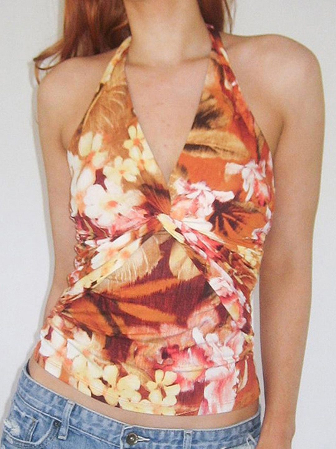 

LULU & SKY Women Floral Printed Halter Neck Top, Orange