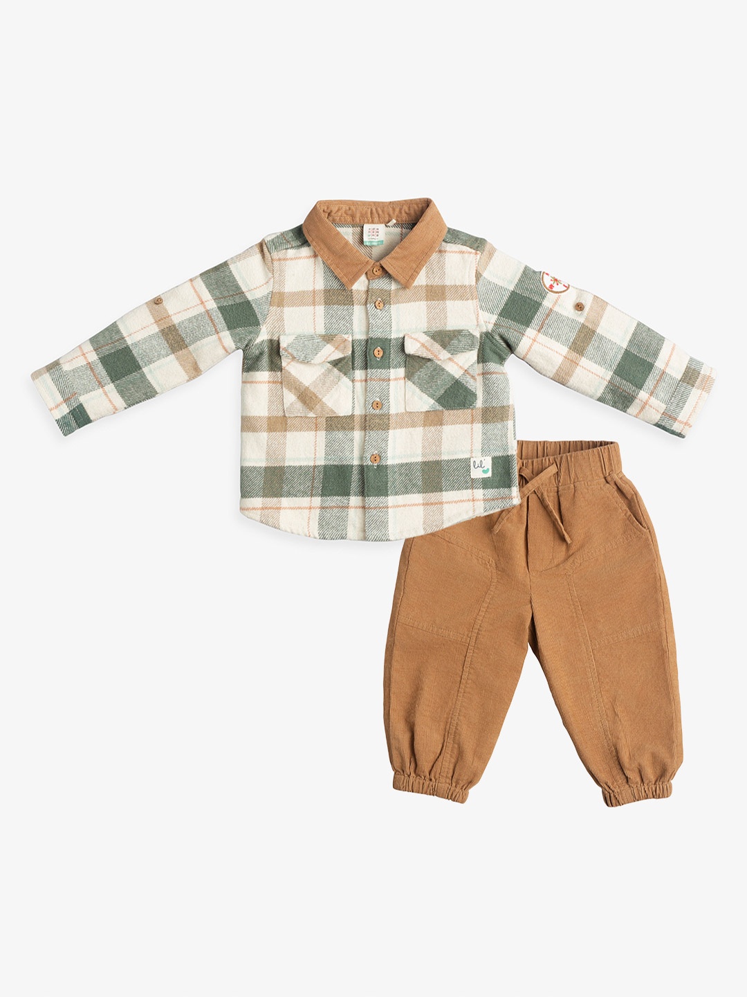 

Ed-a-Mamma Baby Boys Checked Shirt Collar Neck Long Sleeves Pure Cotton Shirt With Jogger, Brown