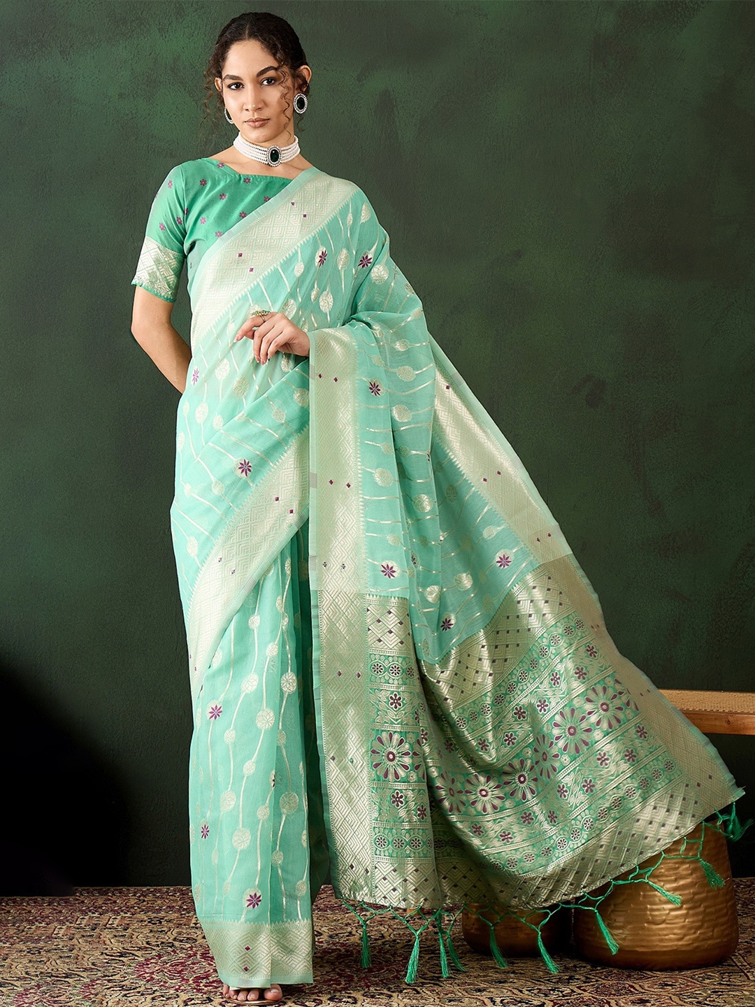 

MySilkLove Woven Design Zari Pure Cotton Saree, Sea green