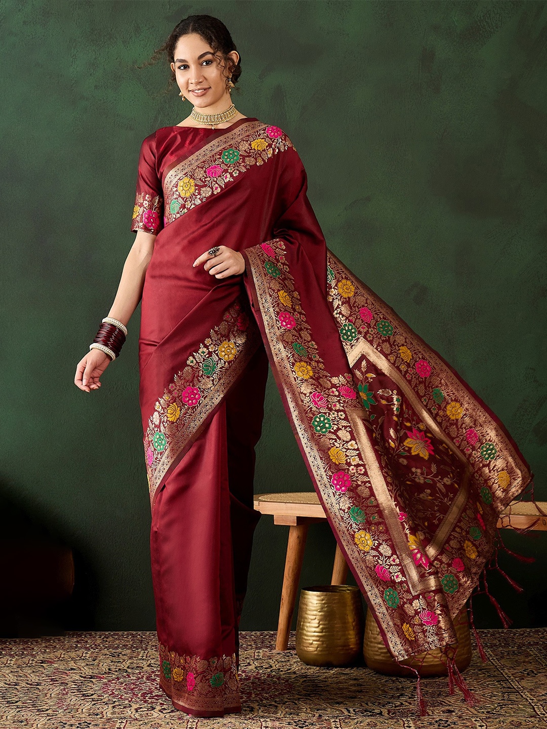 

MySilkLove Floral Zari Banarasi Saree, Maroon