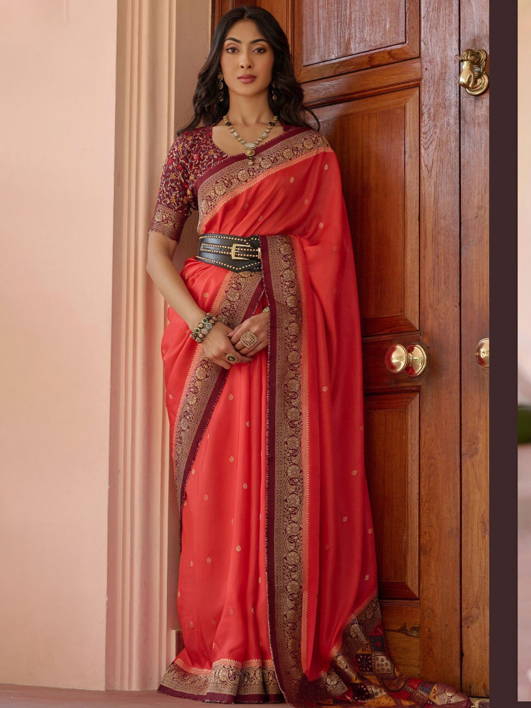 

MySilkLove Woven Design Zari Silk Blend Banarasi Saree, Red