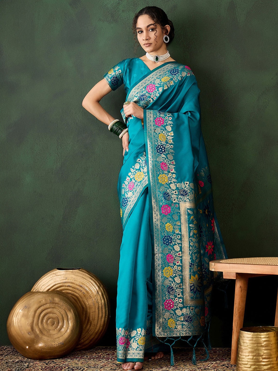 

MySilkLove Floral Zari Woven Design Banarasi Saree, Blue