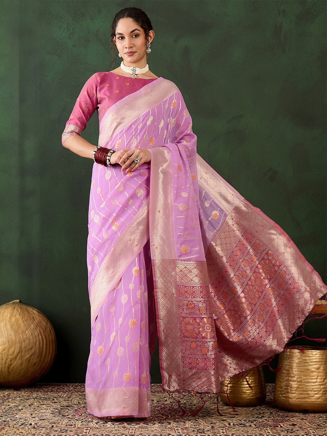 

MySilkLove Woven Design Zari Pure Cotton Saree, Pink