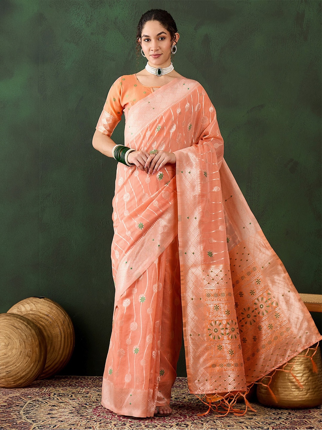 

MySilkLove Woven Design Zari Pure Cotton Saree, Peach