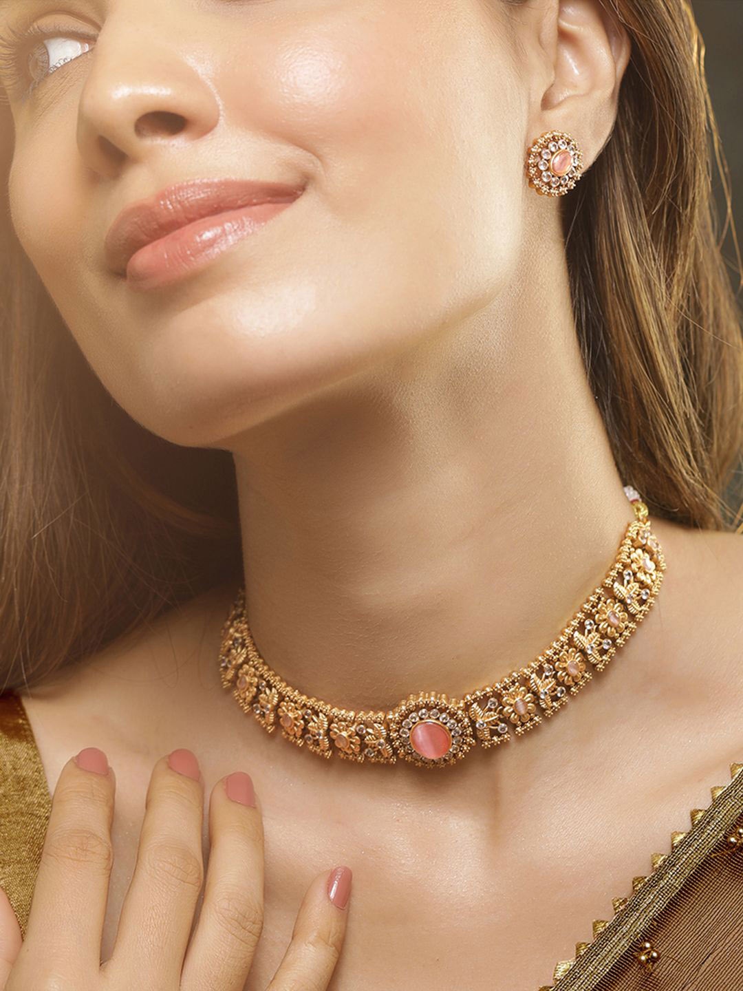 

Rubans 24K Gold Plated Handcrafted Pastel Pink & White Cubic Zirconia Studded Choker Set