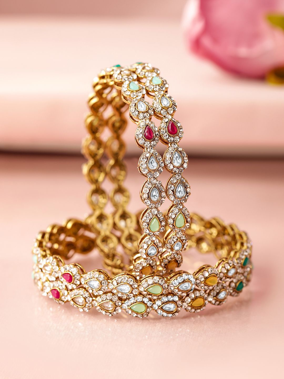 

Rubans18K Mehandi Gold-Plated Multicolor Kundan and Cubic Zirconia Studed Bangles