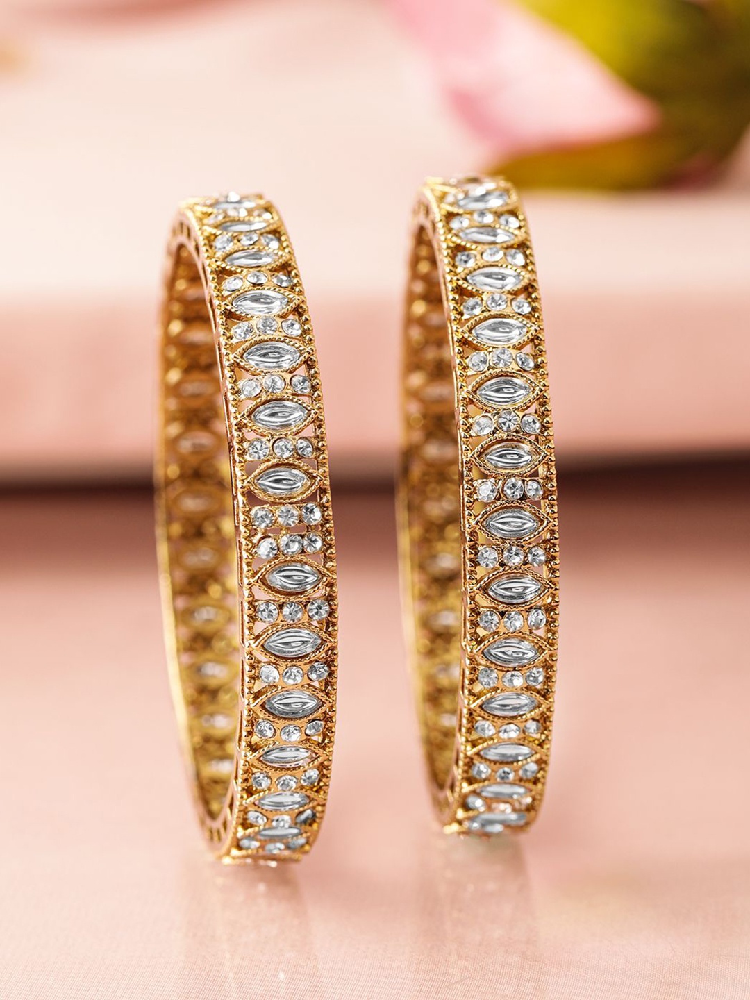 

Rubans Set of 2 18 K Mehandi Gold-Plated Bangles with Cubic Zirconia & White Stone Details