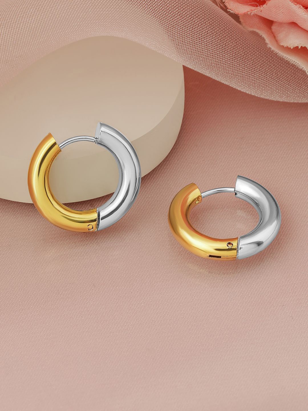 

Rubans Dual Plated Rhodium & 18 K Gold Stainless Steel Waterproof Demi-Fine Hoop Earrings