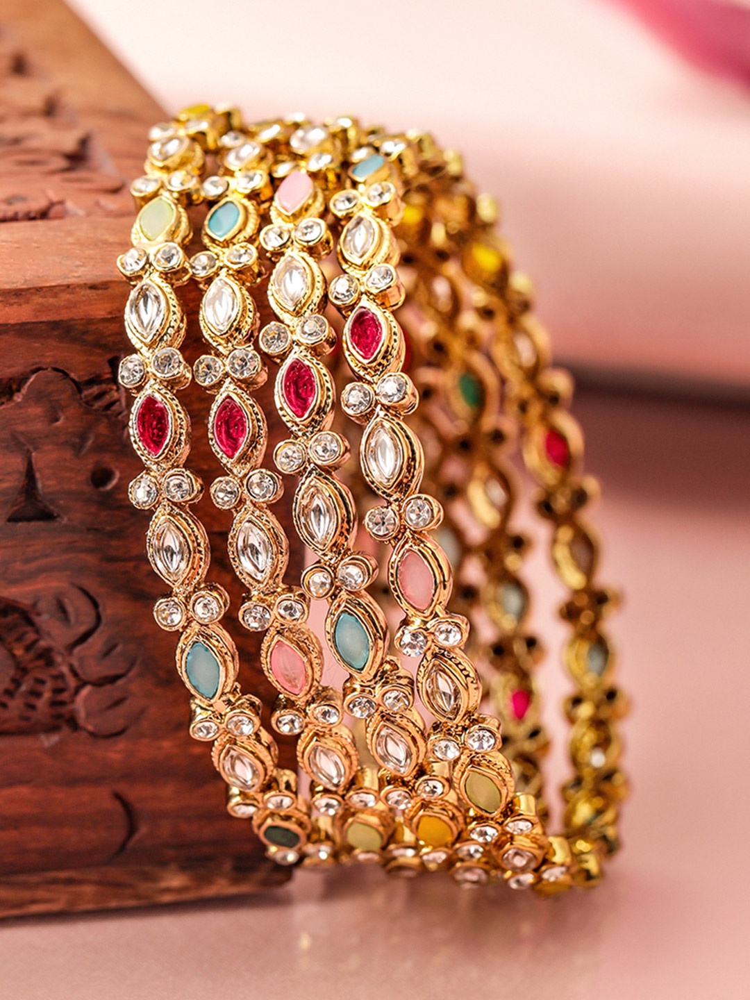 

Rubans Set of 4 18K Mehandi Gold-Plated Multicolor Kundan & Gemstone Studded Bangles