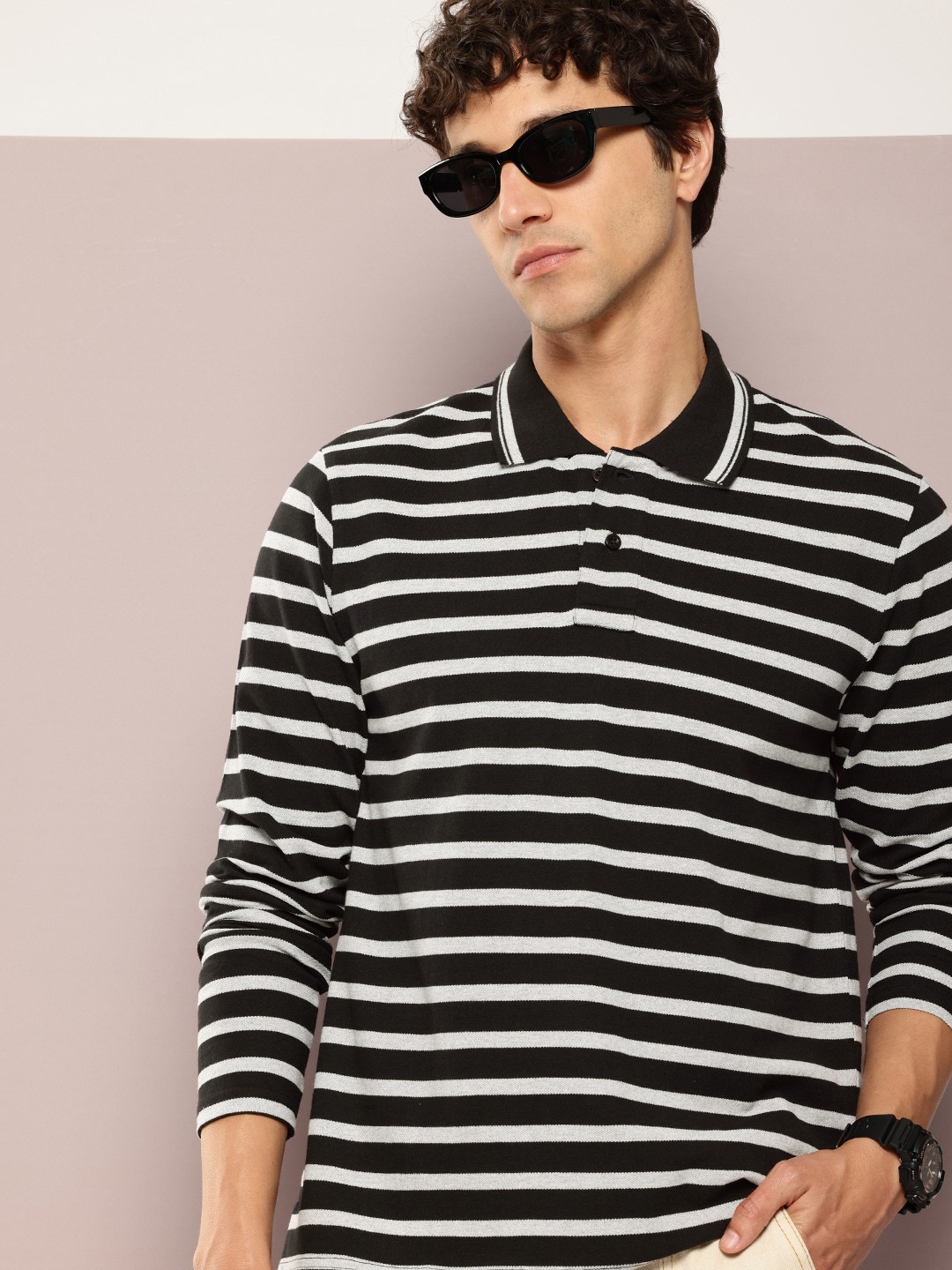 

DILLINGER Men Striped Polo Collar T-shirt, Black