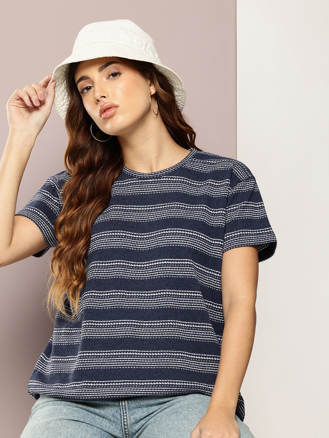 

DILLINGER Striped Boxy T-shirt, Navy blue