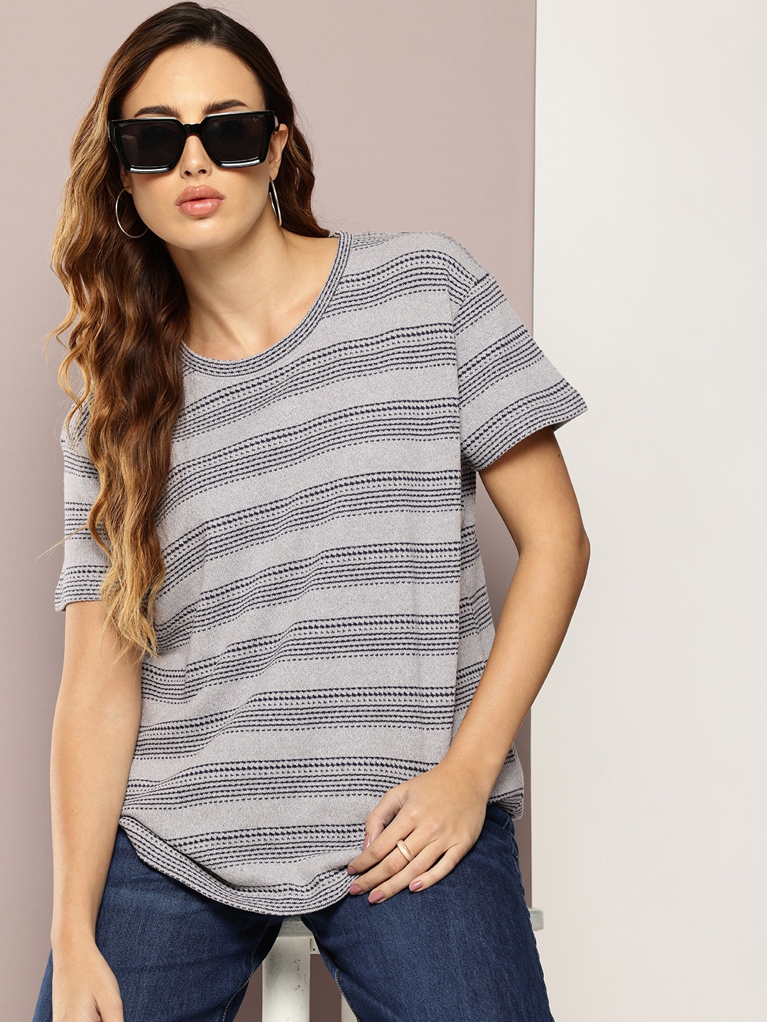 

DILLINGER Striped Boxy T-shirt, Grey melange
