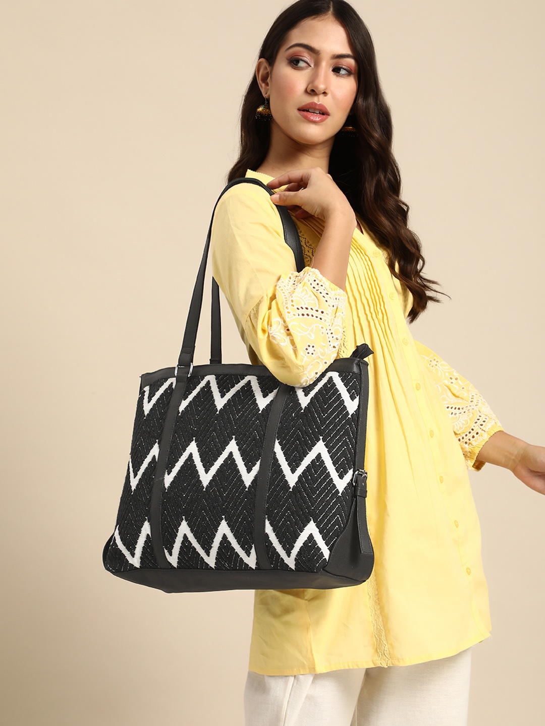 

Anouk Geometric Textured Shopper Tote Bag, Black