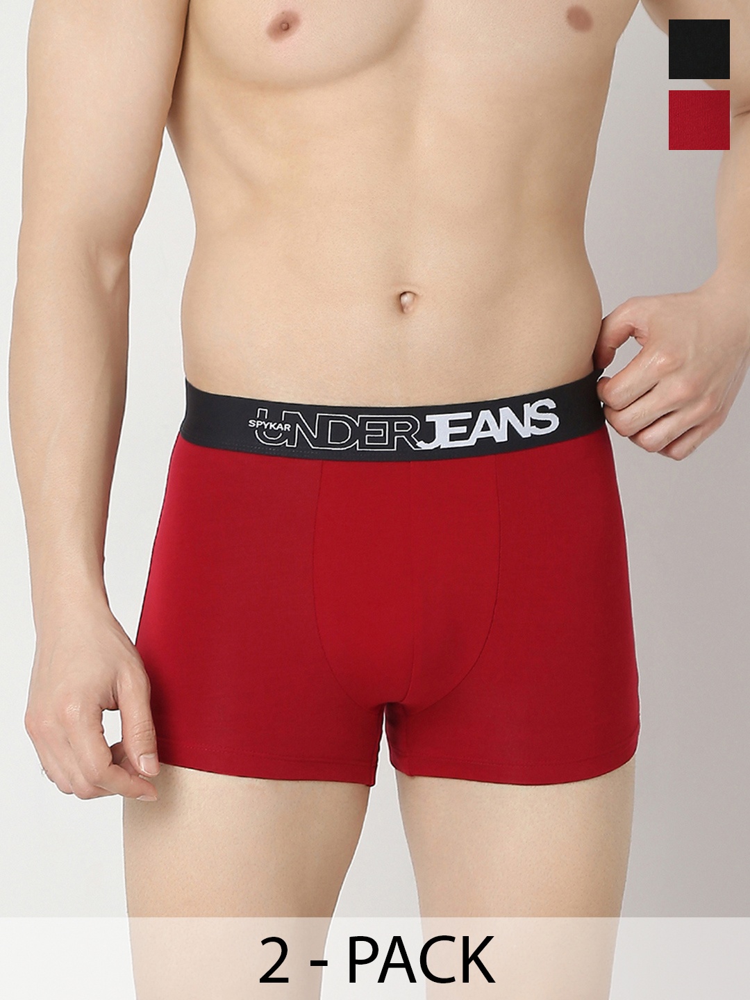 

Underjeans by Spykar Men Pack of 2 Mid-Rise Trunks UJNRPTC056BlackMaroon-Black_Maroon