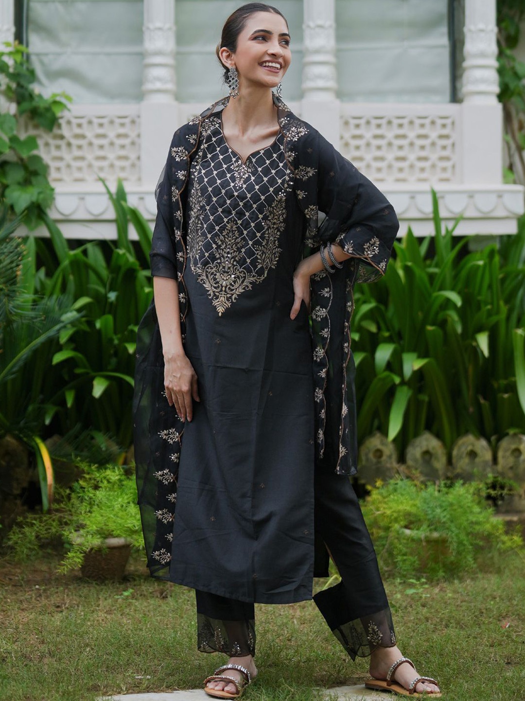 

Indo Era Floral Embroidered Thread Work Liva Kurta with Trousers & Dupatta, Black