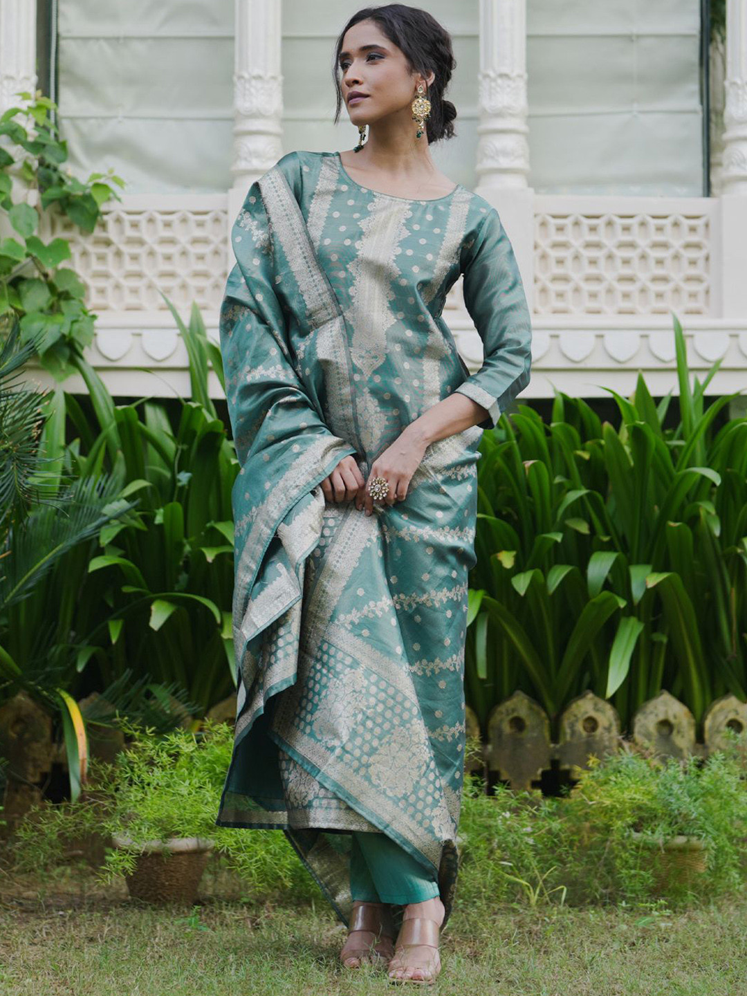 

Indo Era Woven Design Pure Silk Kurta with Trousers & Dupatta, Green
