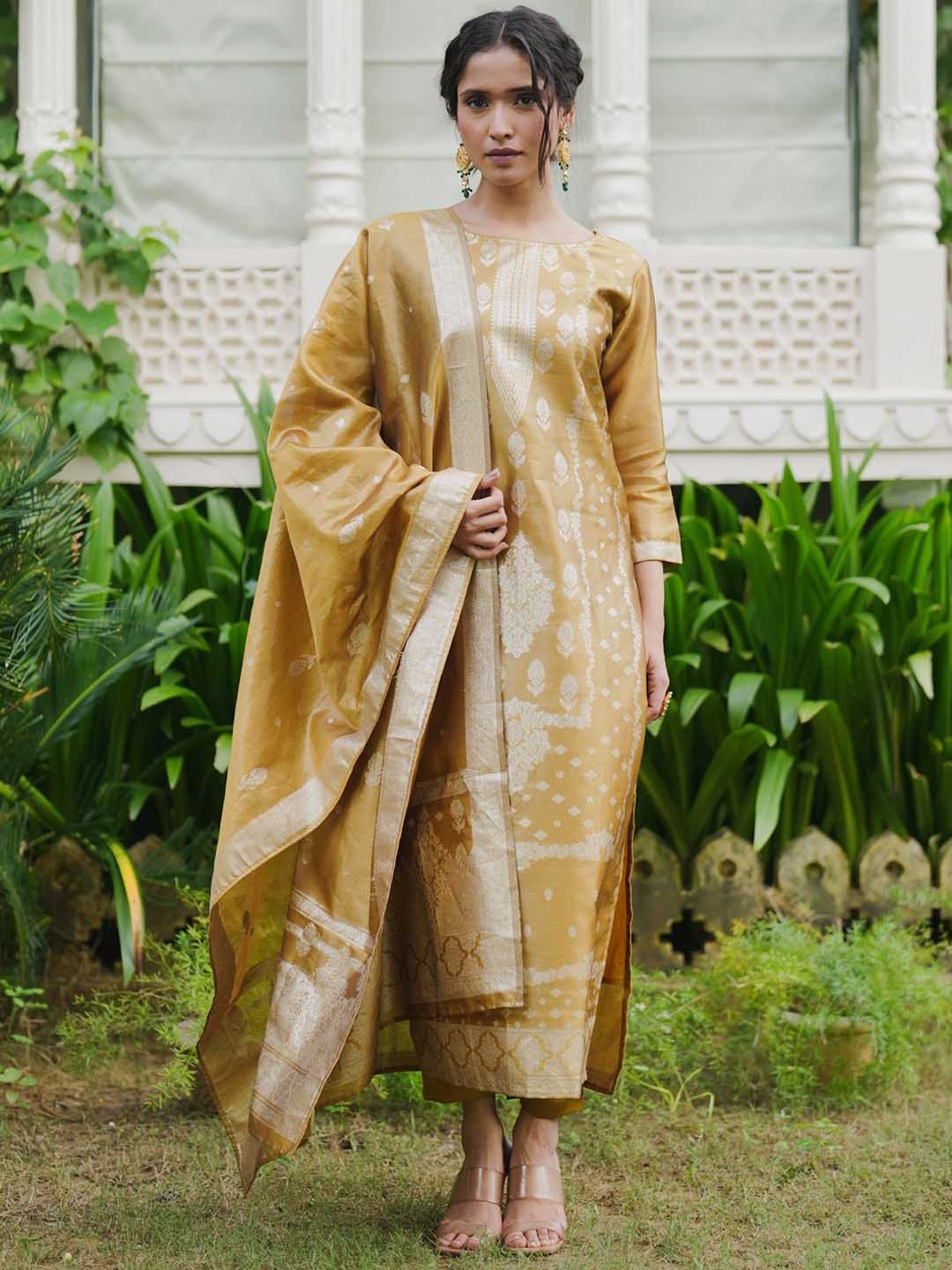 

Indo Era Ethnic Motifs Woven Design Straight Kurta With Trousers & Dupatta, Mustard