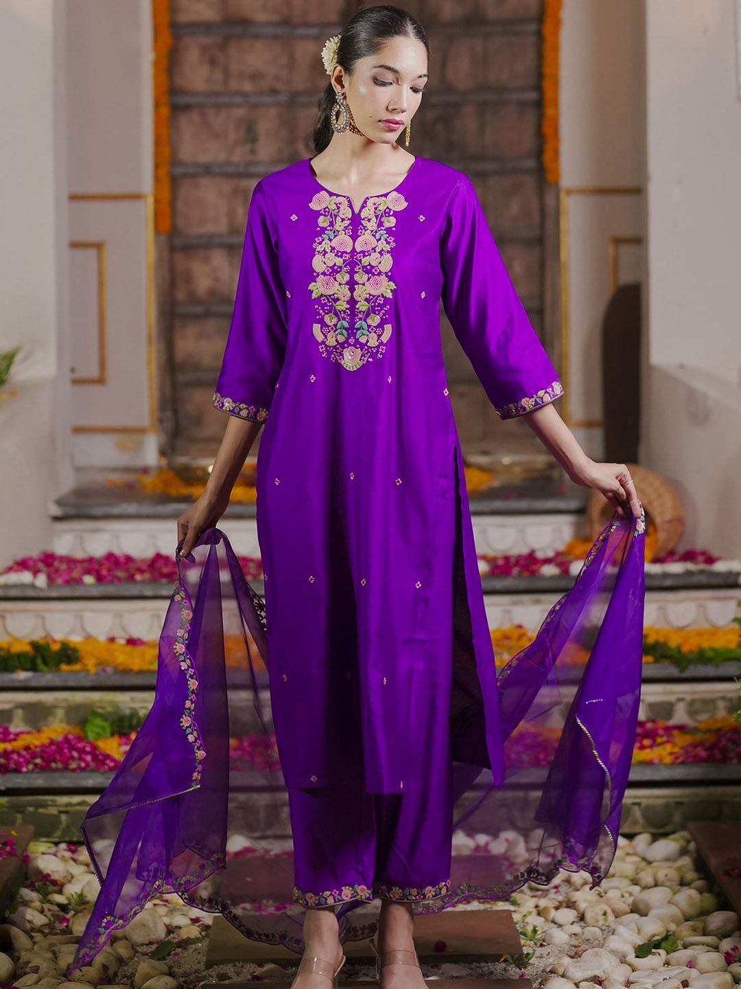 

Indo Era Floral Embroidered Sequinned Liva Kurta With Trousers & Dupatta, Purple
