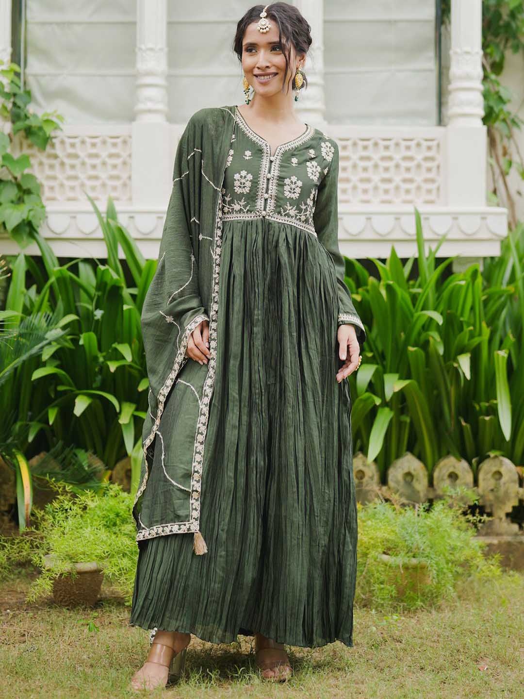 

Indo Era Floral Embroidered Pleated Kurta With Trousers & Dupatta, Green