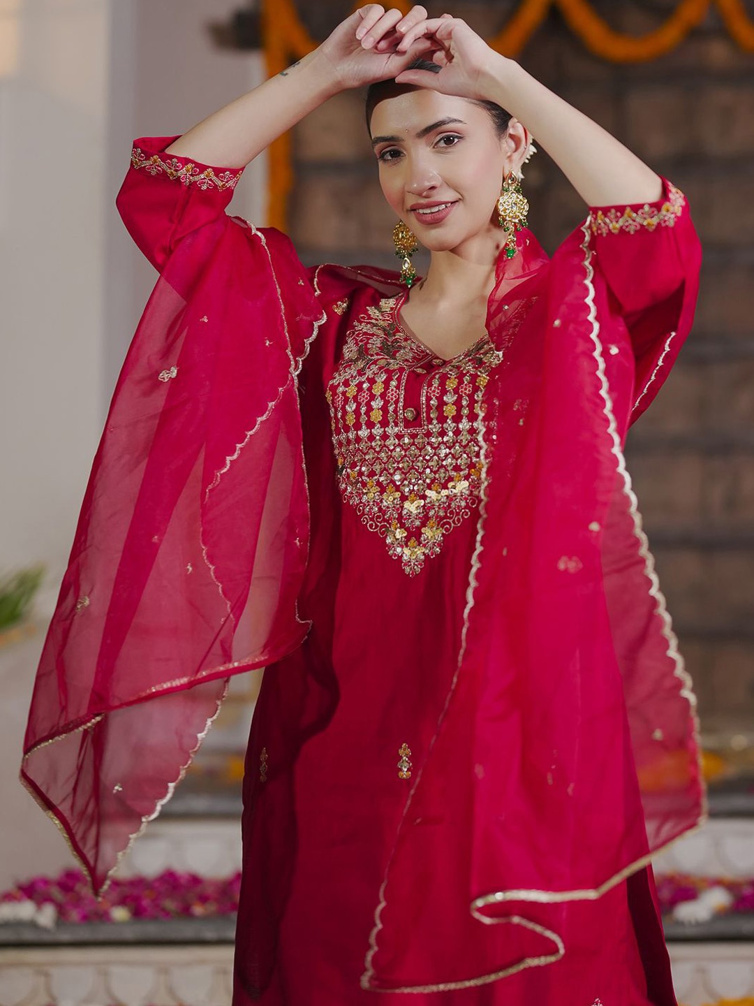 

Indo Era Embroidered Sequinned Straight Kurta With Trousers & Dupatta, Pink