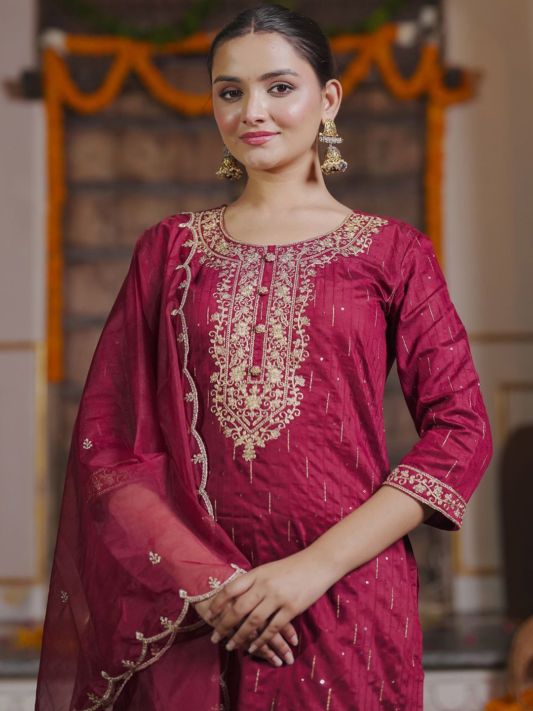

Indo Era Ethnic Motifs Embroidered Liva Kurta With Trousers & Dupatta, Maroon
