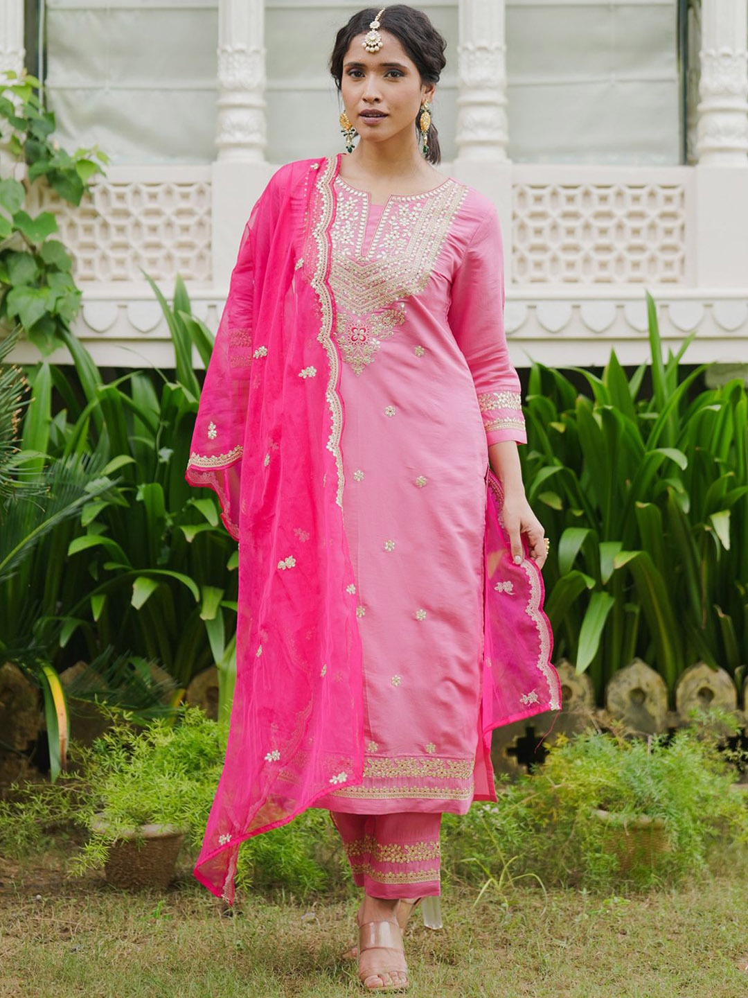 

Indo Era Ethnic Motifs Embroidered Thread Work Kurta with Trousers & Dupatta, Pink