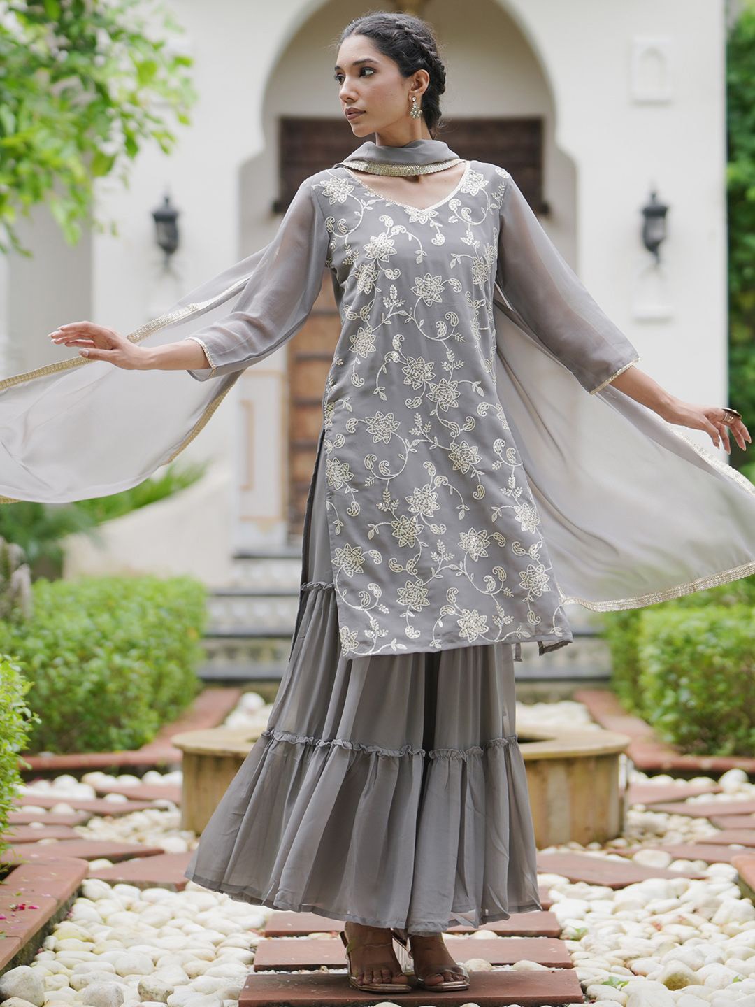 

Indo Era Floral Embroidered Kurta With Sharara & Dupatta, Grey