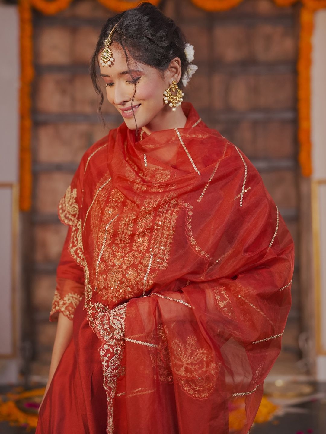 

Indo Era Ethnic Motifs Embroidered Liva Straight Kurta With Trousers & Dupatta, Rust