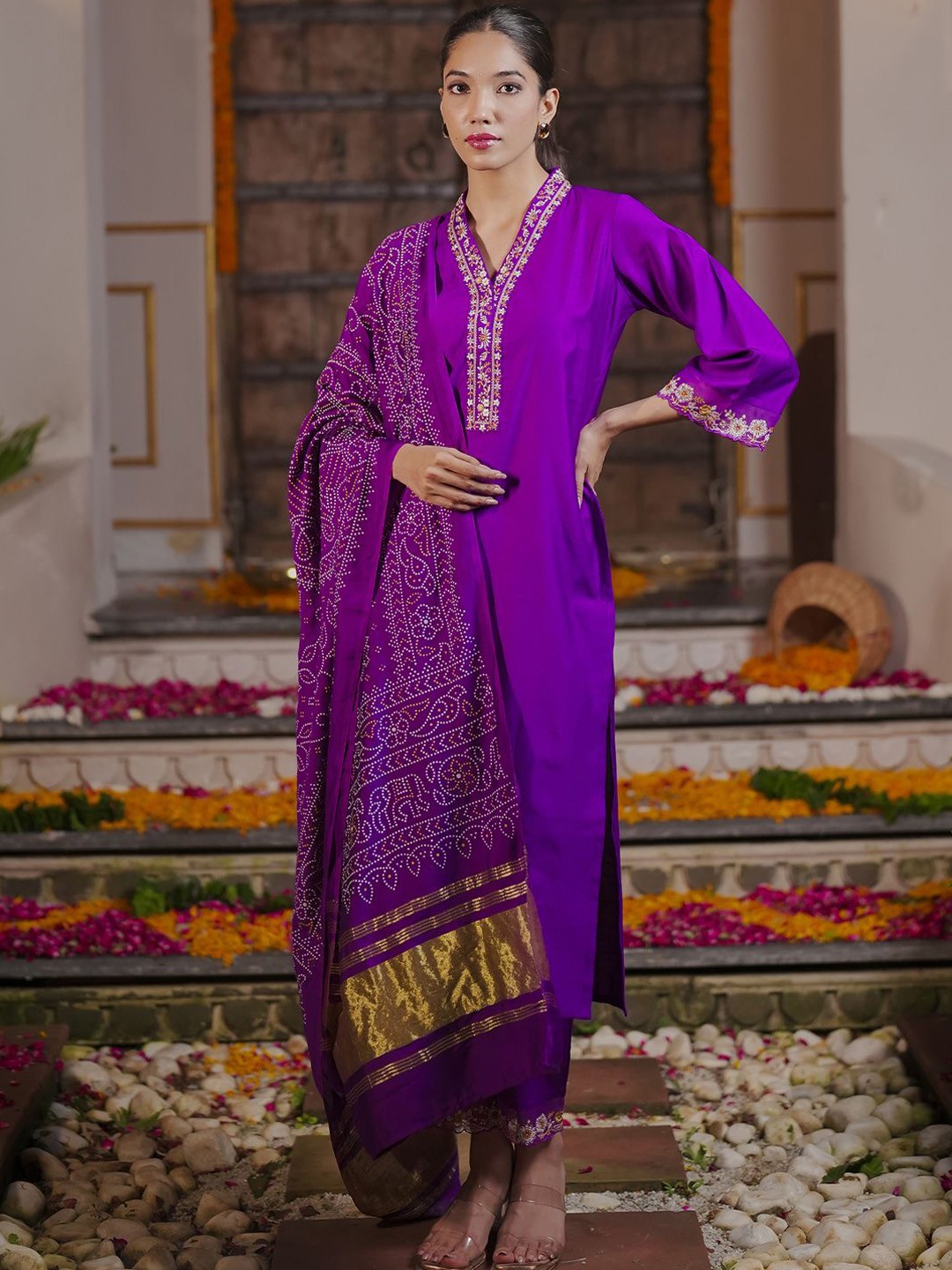 

Indo Era Floral Embroidered Thread Work Liva Straight Kurta With Trousers & Dupatta, Purple