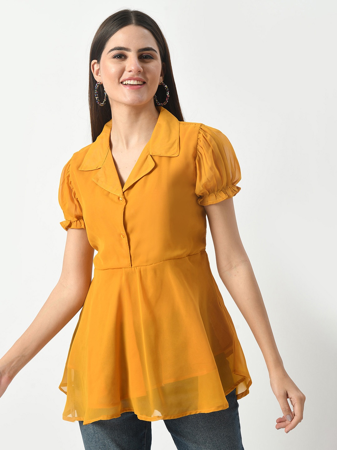 

Mast & Harbour Women Solid Shirt Collar Top, Mustard
