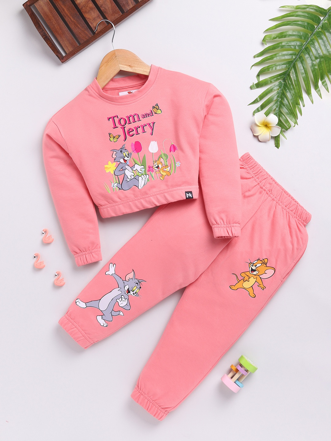 

YK X Minute Mirth Girls Cotton Tom & Jerry Printed Top with Joggers, Peach