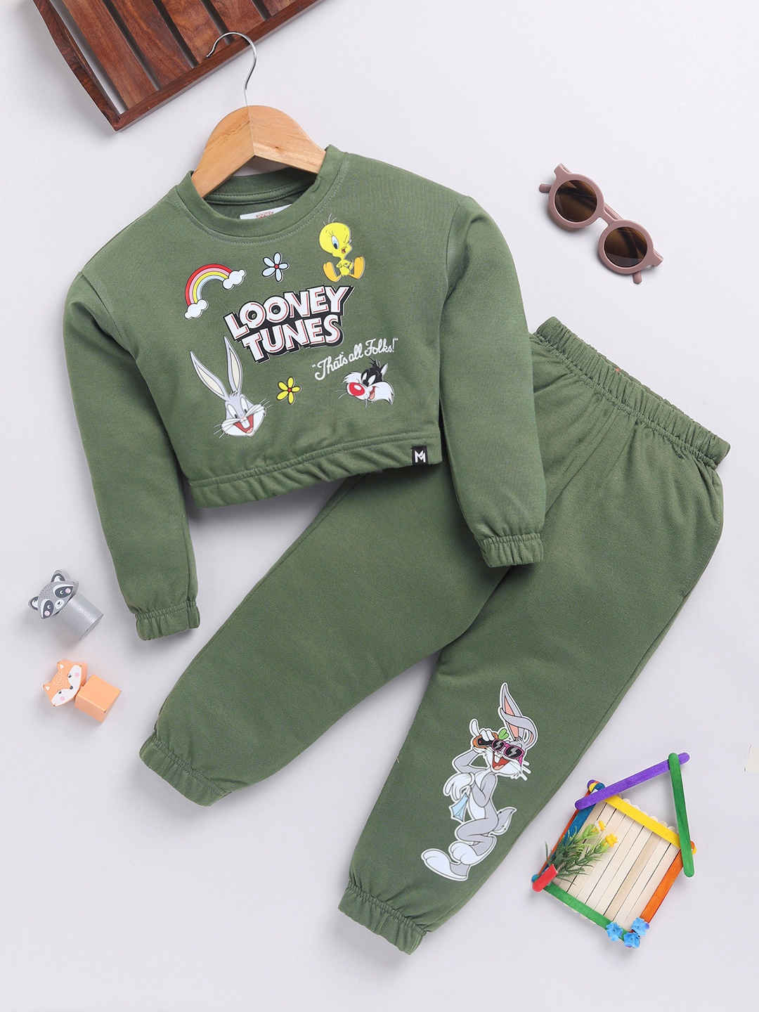 

YK X Minute Mirth Girls Pure Cotton Looney Tunes Printed Top with Joggers, Green