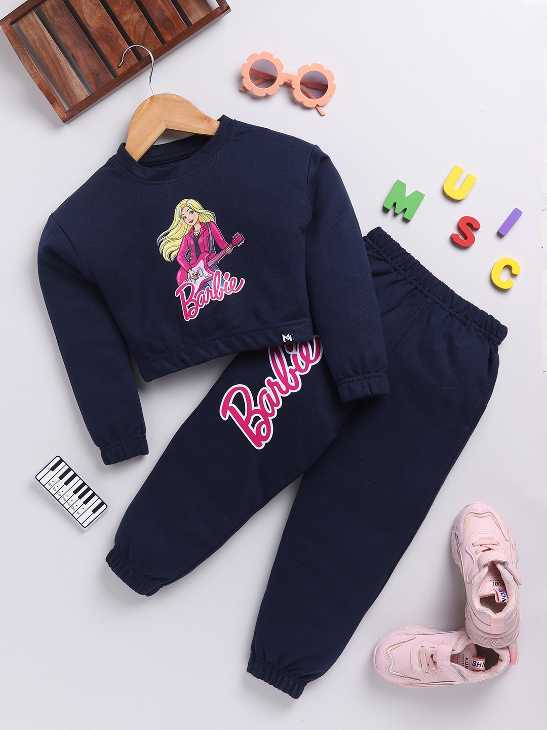 

YK X Minute Mirth Girls Pure Cotton Barbie Printed Top with Joggers, Navy blue