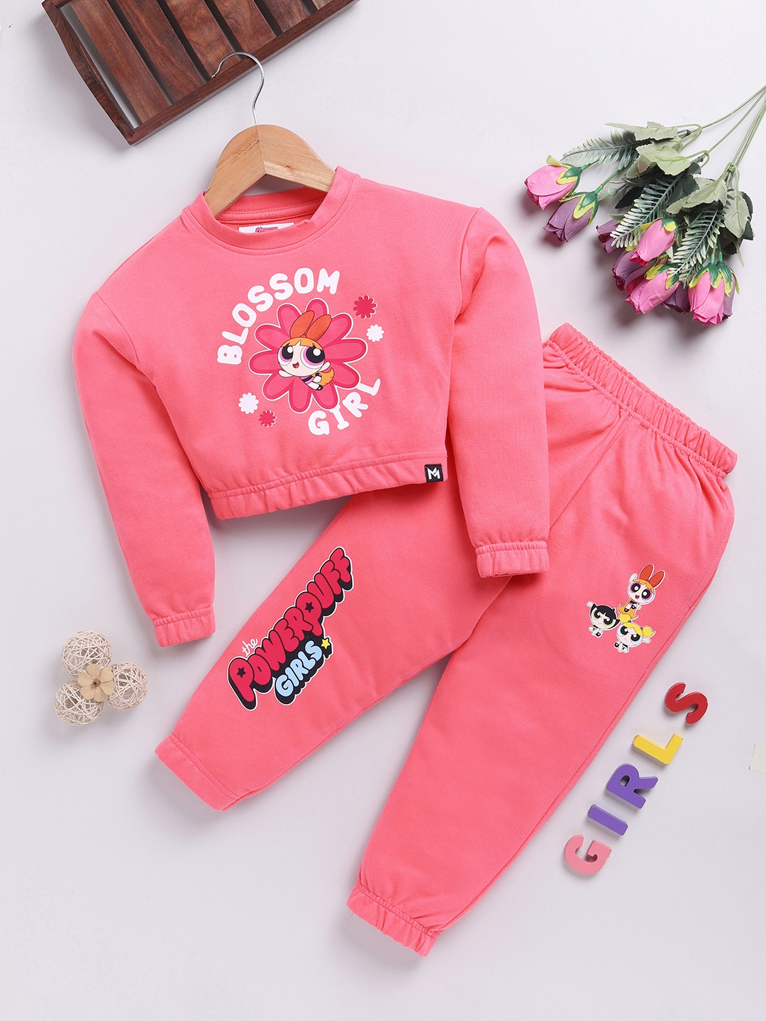 

YK X Minute Mirth Girls Pure Cotton Powerpuff Girls Printed Top with Joggers, Pink