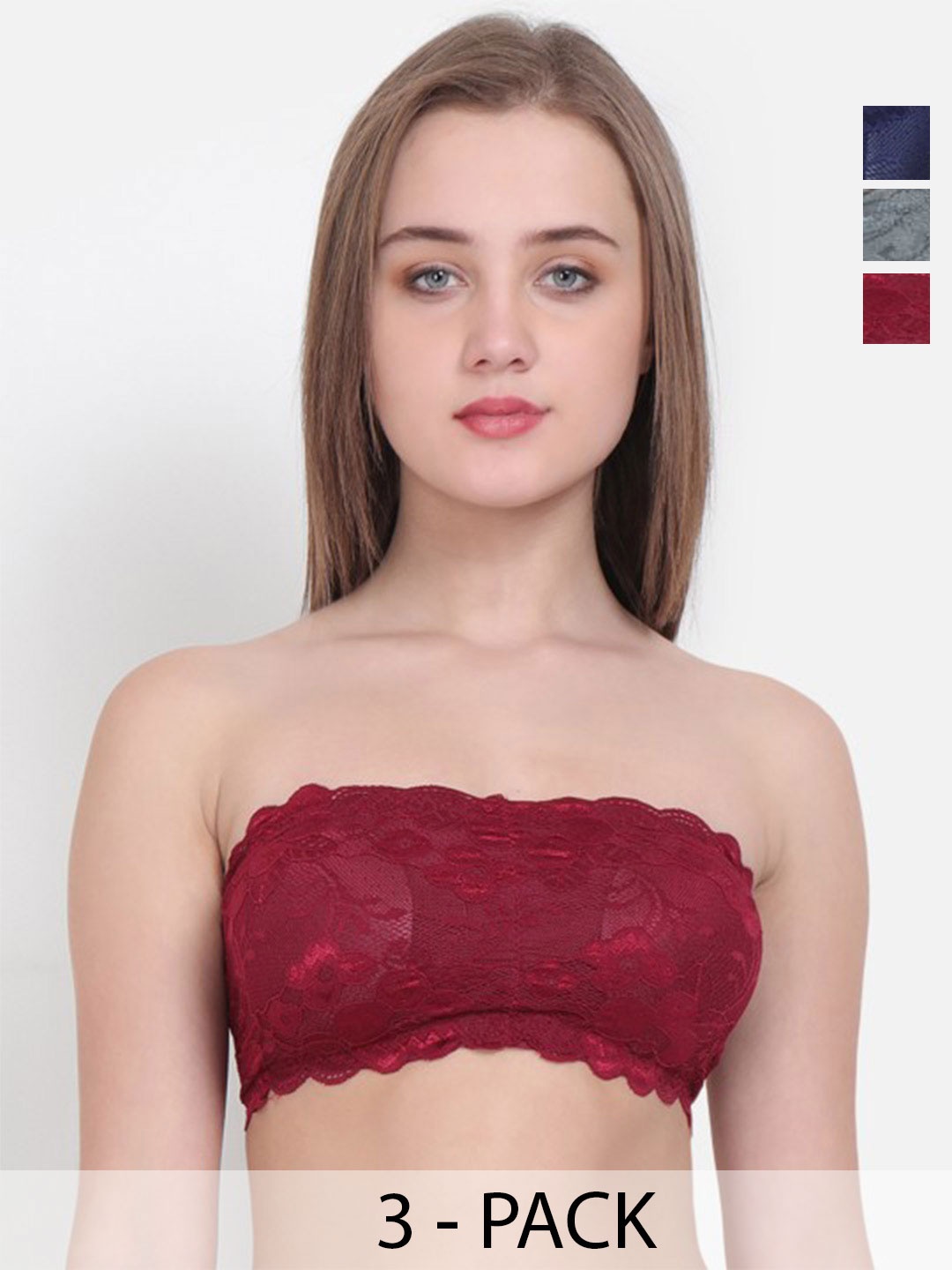 

ComfyStyle Women Pack of 3 Floral Full Coverage Lightly Padded Bandeau Bra, Grey