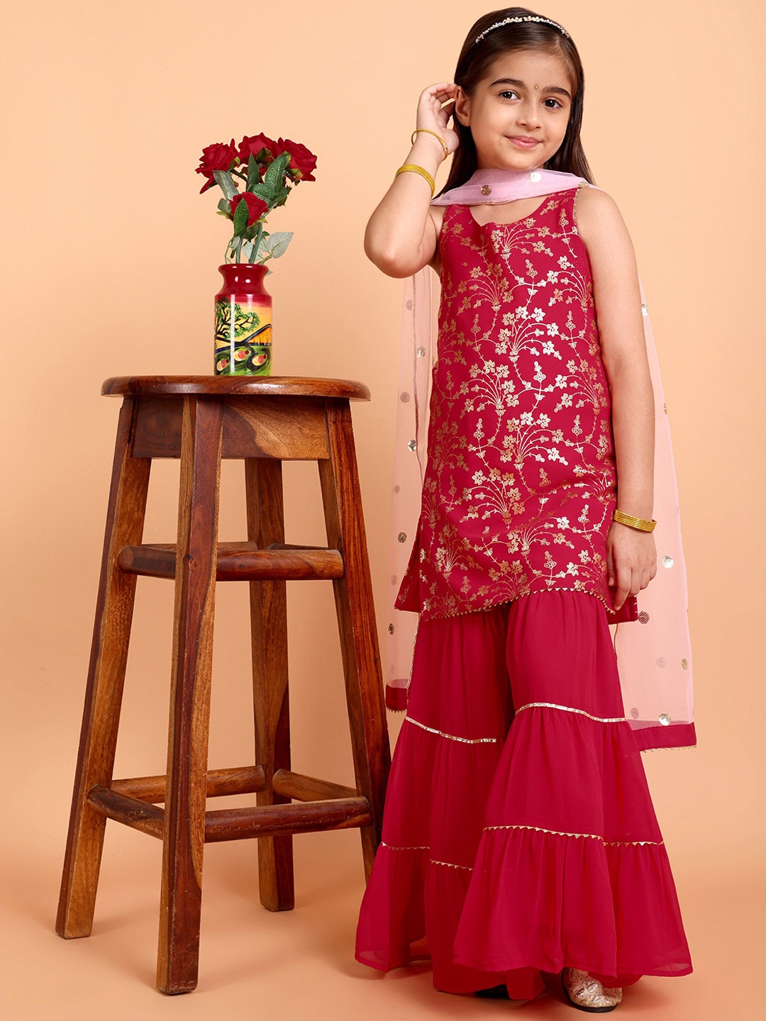 

Sangria Girls Printed Kurti With Sharara & Embroidered Dupatta, Red